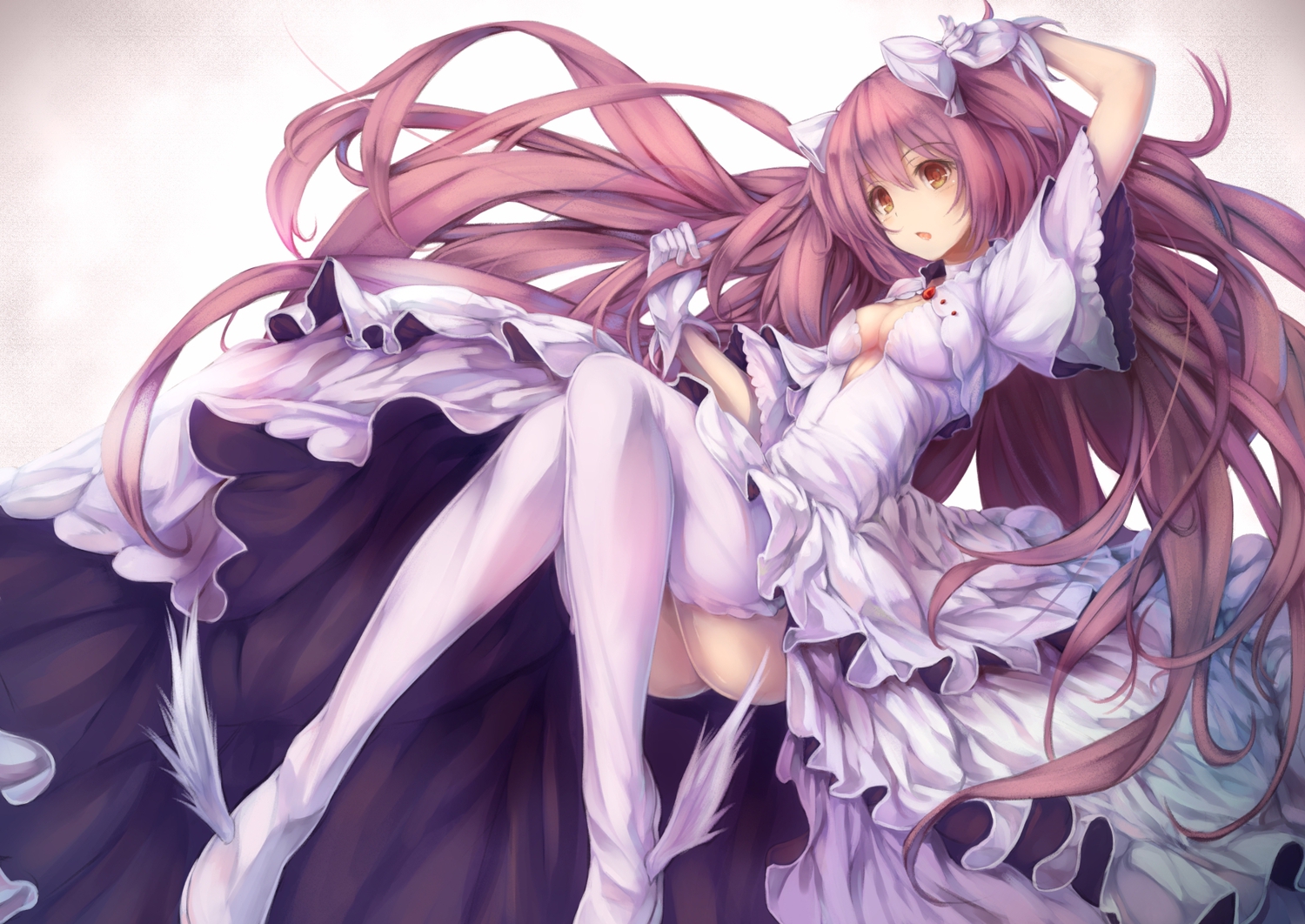 breasts, brown_eyes, cleavage, dress, fal_maro, gloves, kaname_madoka, long_hair, mahou_shoujo_madoka_magica, pink_hair, thighhighs, ultimate_madoka