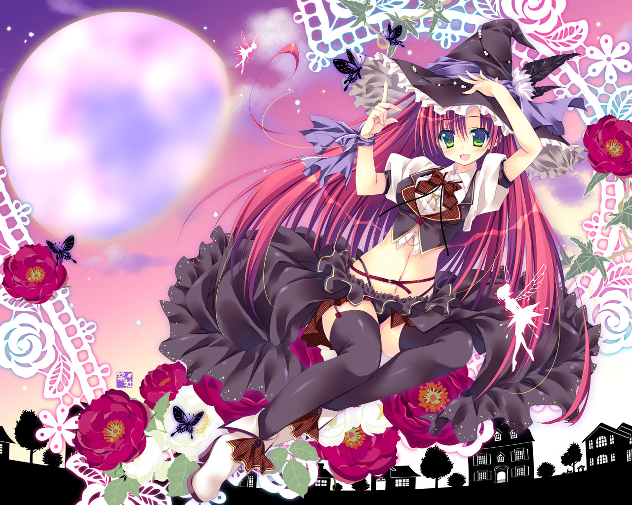 flowers, green_eyes, hat, jpeg_artifacts, moon, nanaroba_hana, red_hair, skirt