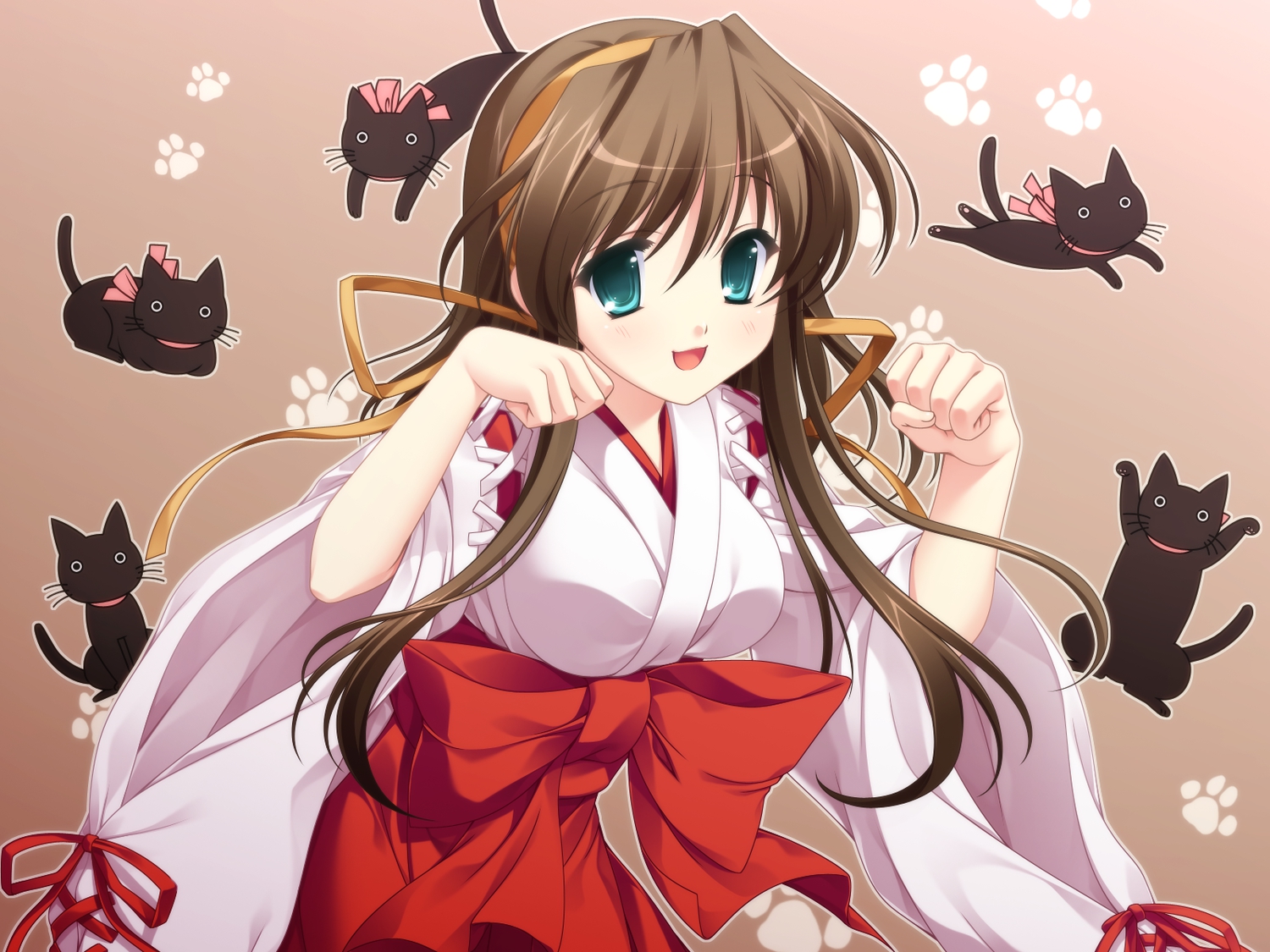 animal, applique, brown_hair, cat, game_cg, green_eyes, japanese_clothes, long_hair