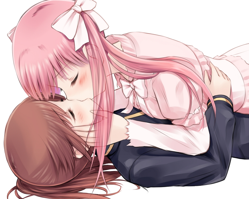 2girls, brown_hair, haramura_nodoka, kiss, pink_hair, saki, shoujo_ai, suzushiro_yukari, takakamo_shizuno, white
