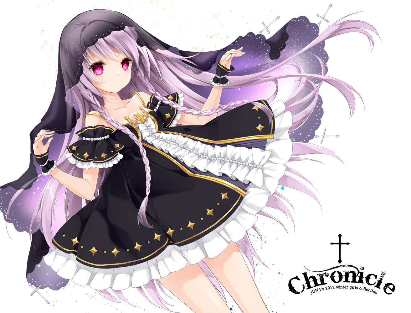 cross, dress, juna, long_hair, original, pink_eyes, purple_hair, watermark