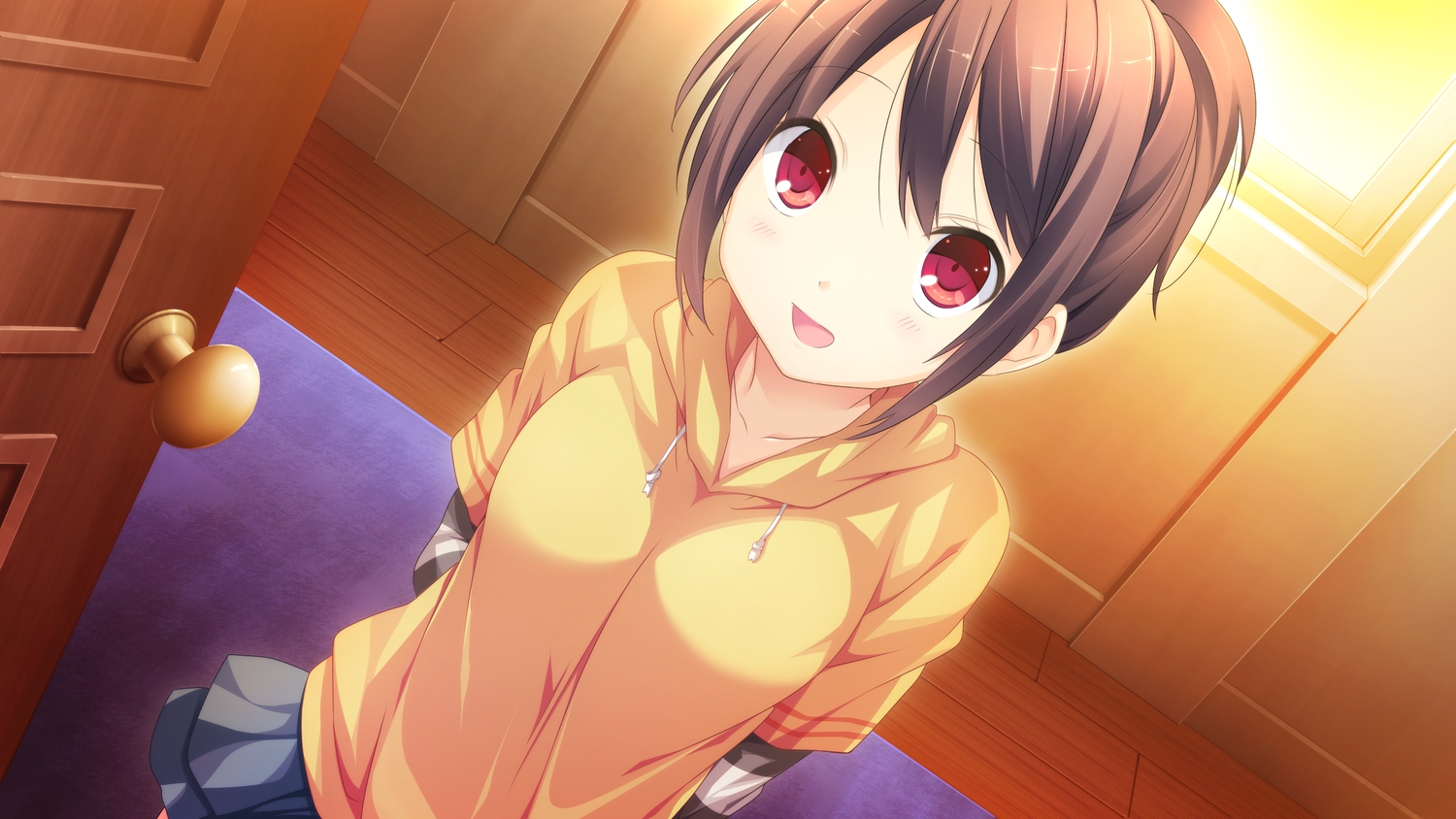 brown_hair, close, game_cg, kanojo_to_ore_to_koibito_to, marui, mihagino_konoka, pulltop, red_eyes