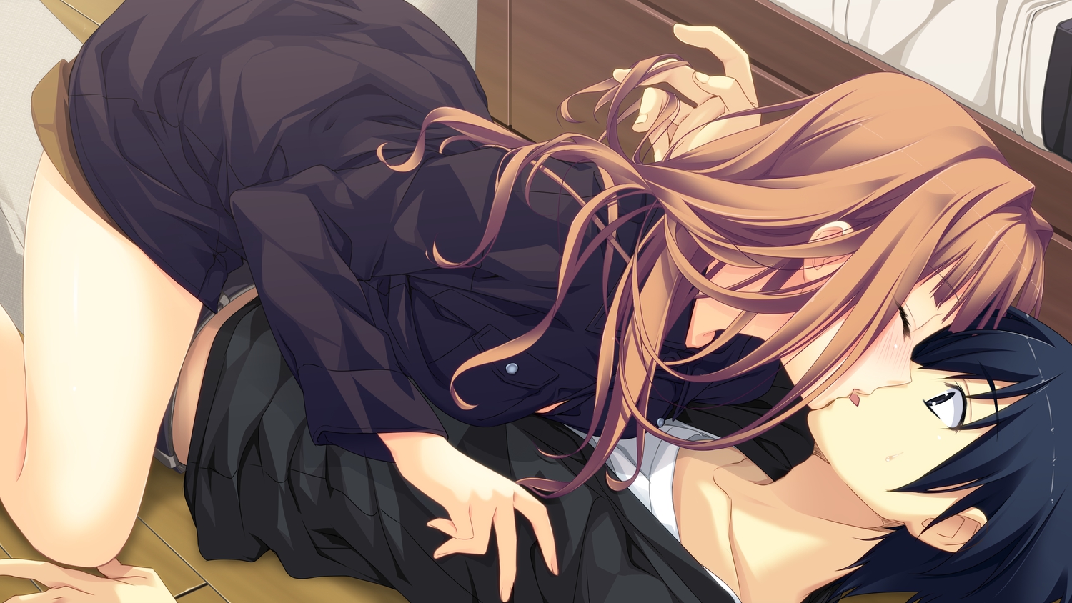 blush, brown_hair, game_cg, kanojo_to_ore_to_koibito_to, kiss, long_hair, marui, matsugami_haruto, pulltop, tokuyoshi_yuuko