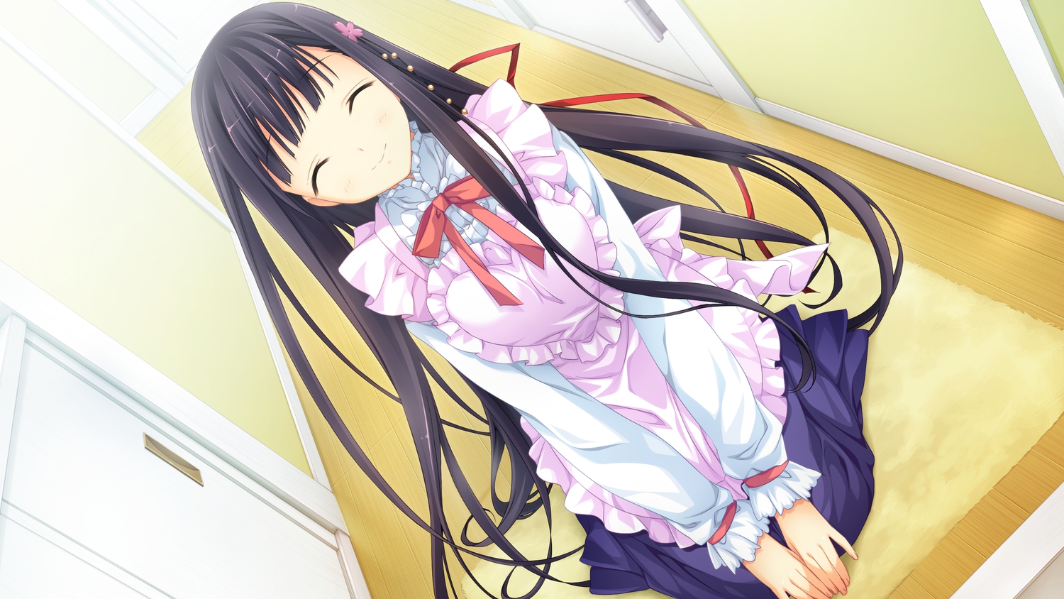 black_hair, game_cg, kanojo_to_ore_to_koibito_to, long_hair, maid, marui, mihagino_ayano, pulltop