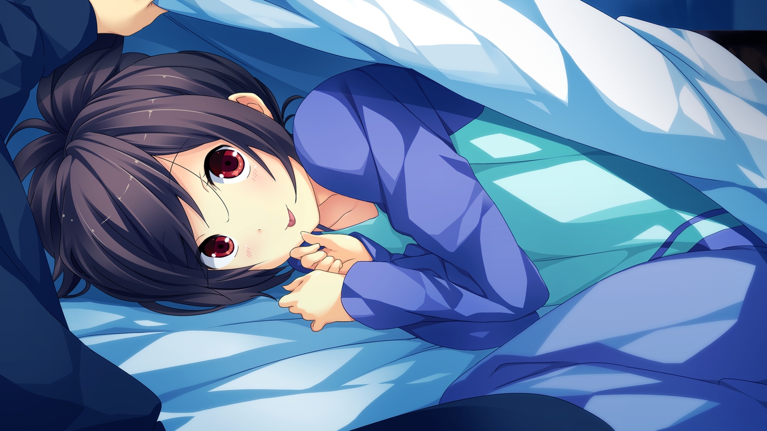bed, brown_hair, game_cg, kanojo_to_ore_to_koibito_to, marui, mihagino_konoka, pajamas, pulltop