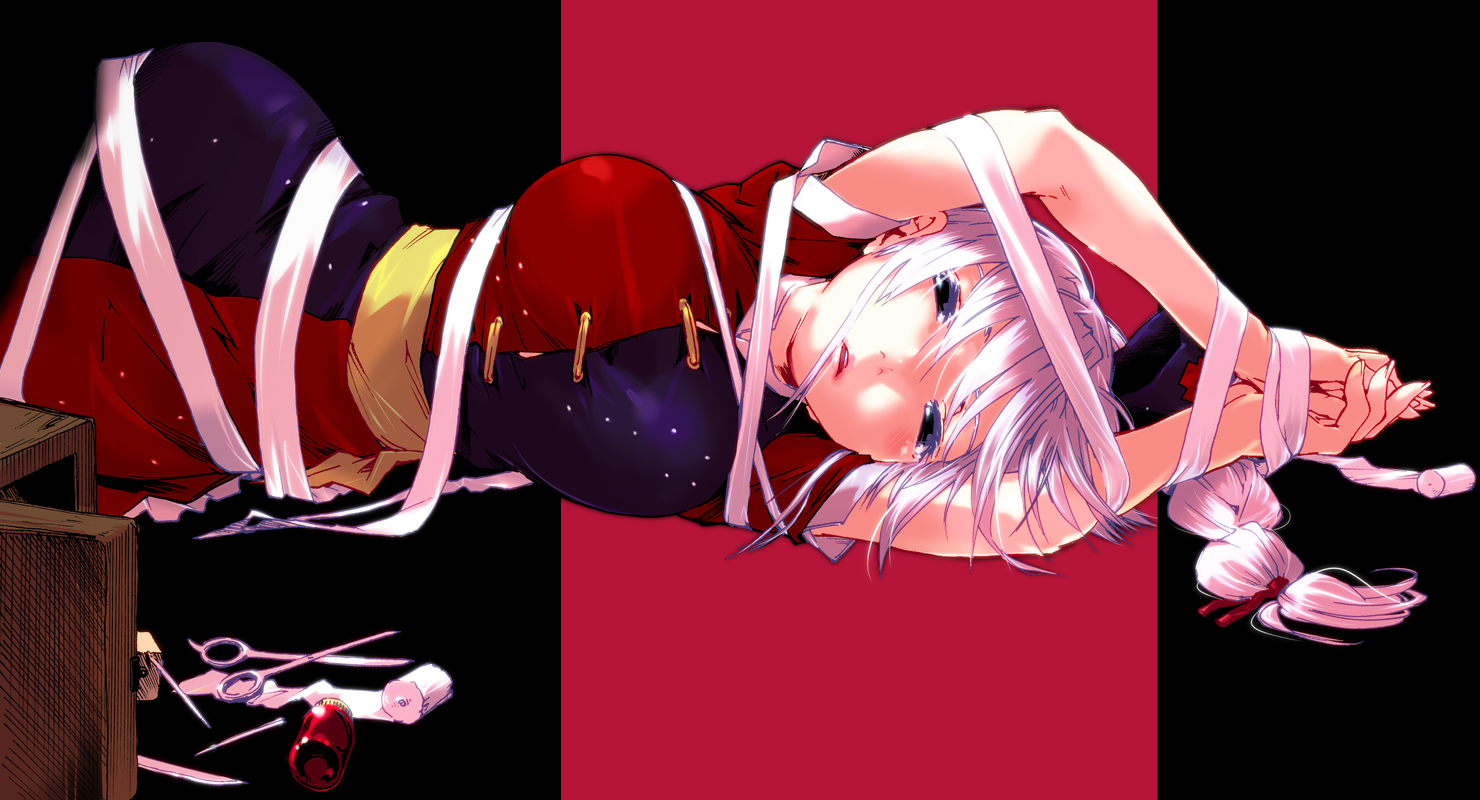 blue_eyes, blush, bondage, braids, chinese_clothes, chinese_dress, dress, teoshiguruma, touhou, white_hair, yagokoro_eirin