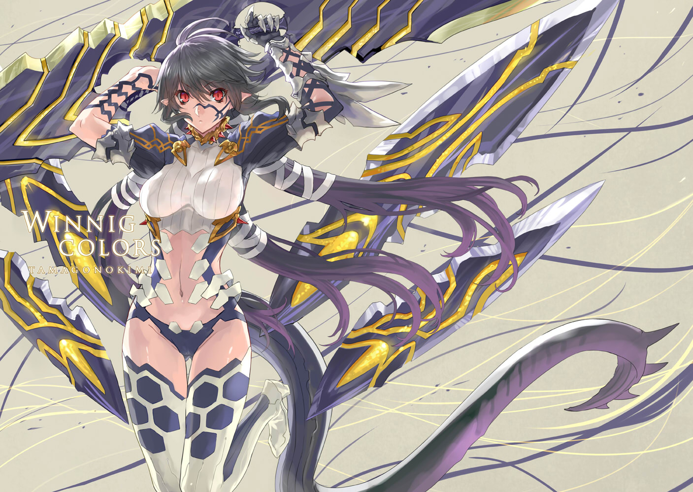 jpeg_artifacts, long_hair, original, ran'ou_(tamago_no_kimi), red_eyes, tail, thighhighs, weapon