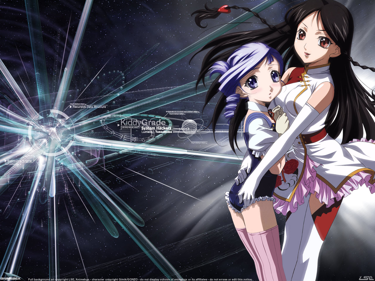 2girls, black_hair, elbow_gloves, gloves, kanasaki_takaomi, kiddy_grade, lumiere, purple_eyes