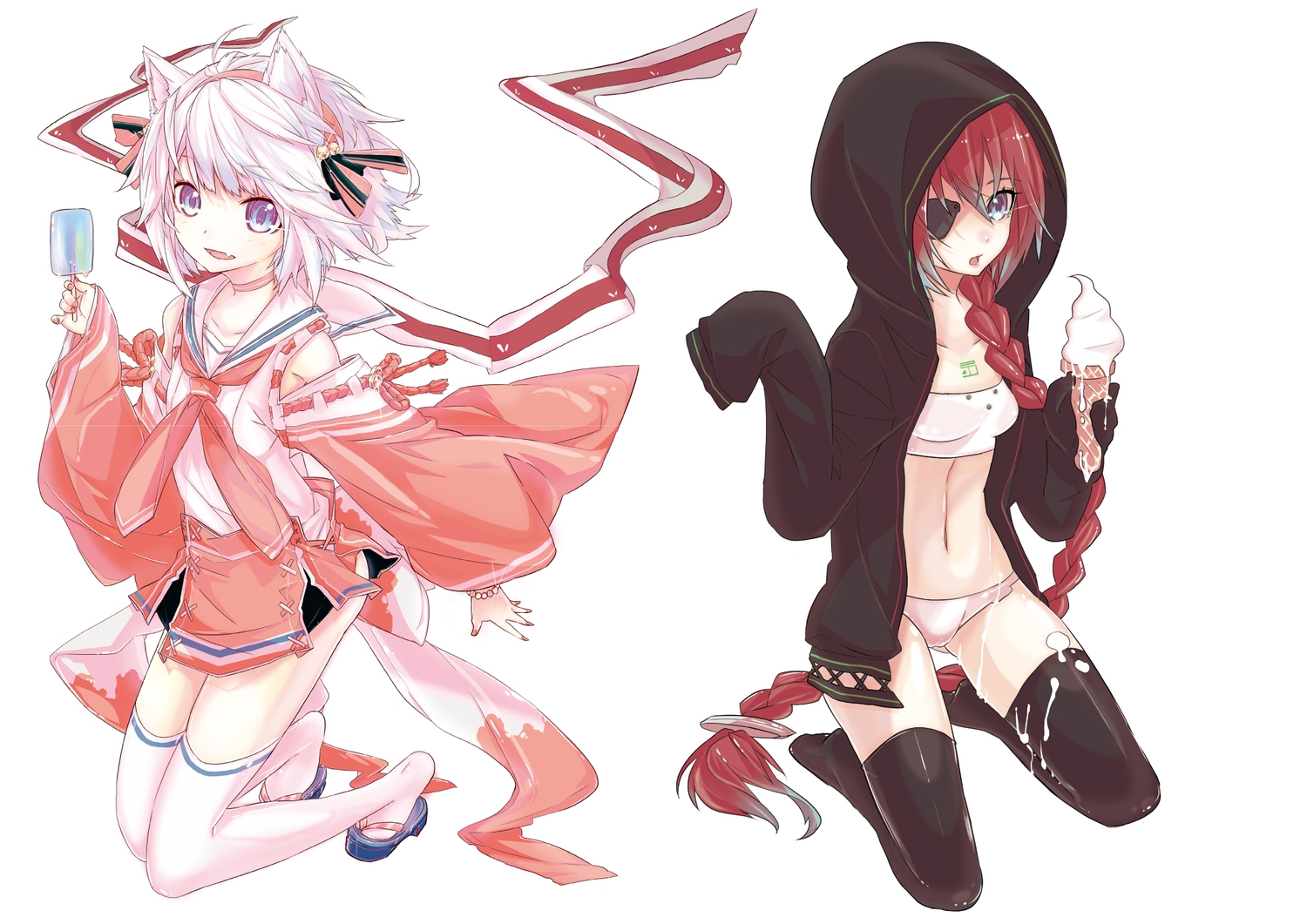 animal_ears, blue_eyes, eyepatch, fang, food, hood, ice_cream, original