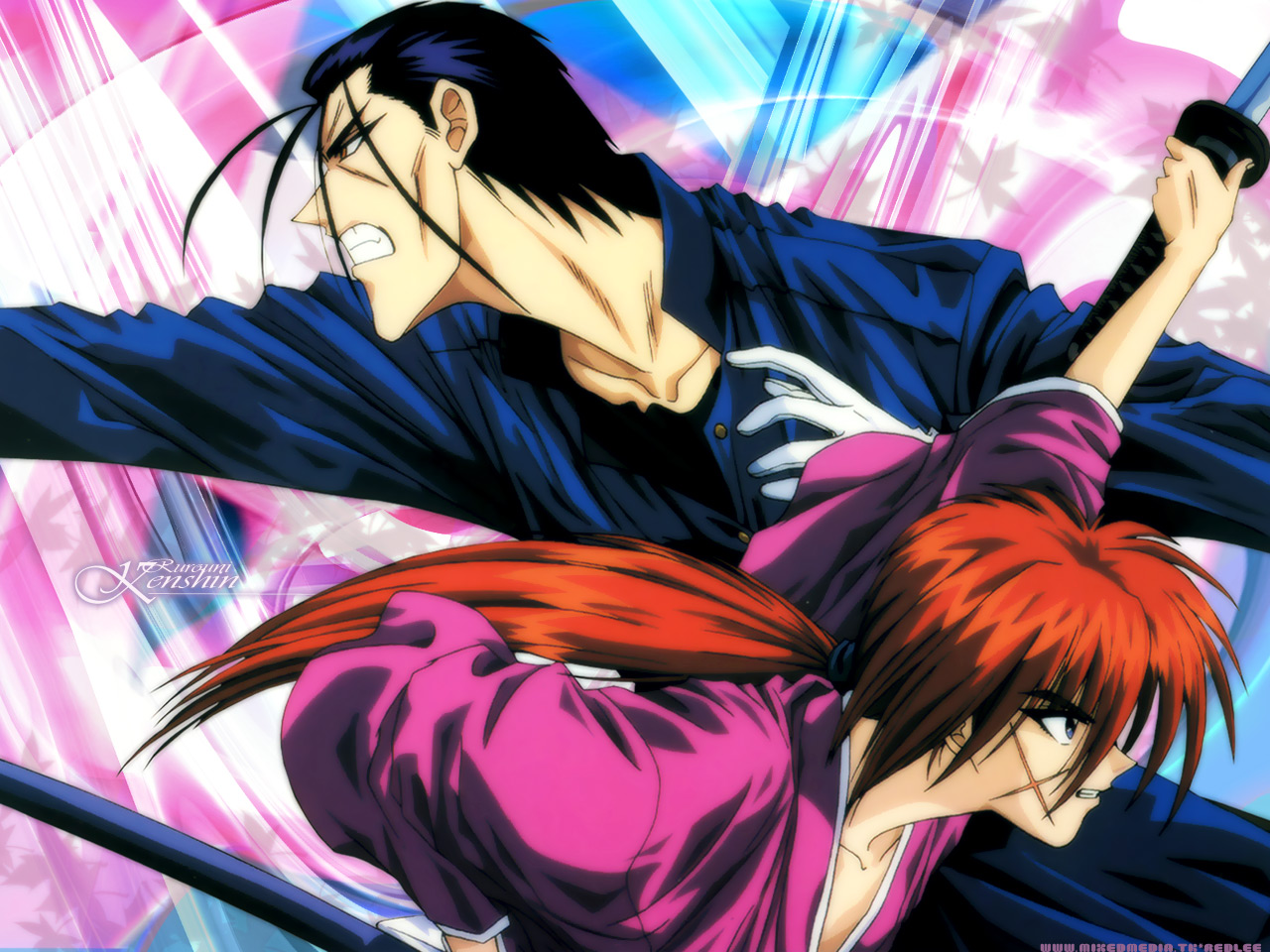 all_male, himura_kenshin, japanese_clothes, katana, male, rurouni_kenshin, saito_hajime, scar, sword, weapon