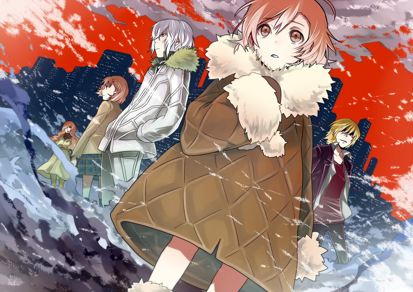 accelerator, blonde_hair, brown_eyes, brown_hair, issa_(sorako45), jpeg_artifacts, kakine_teitoku, last_order