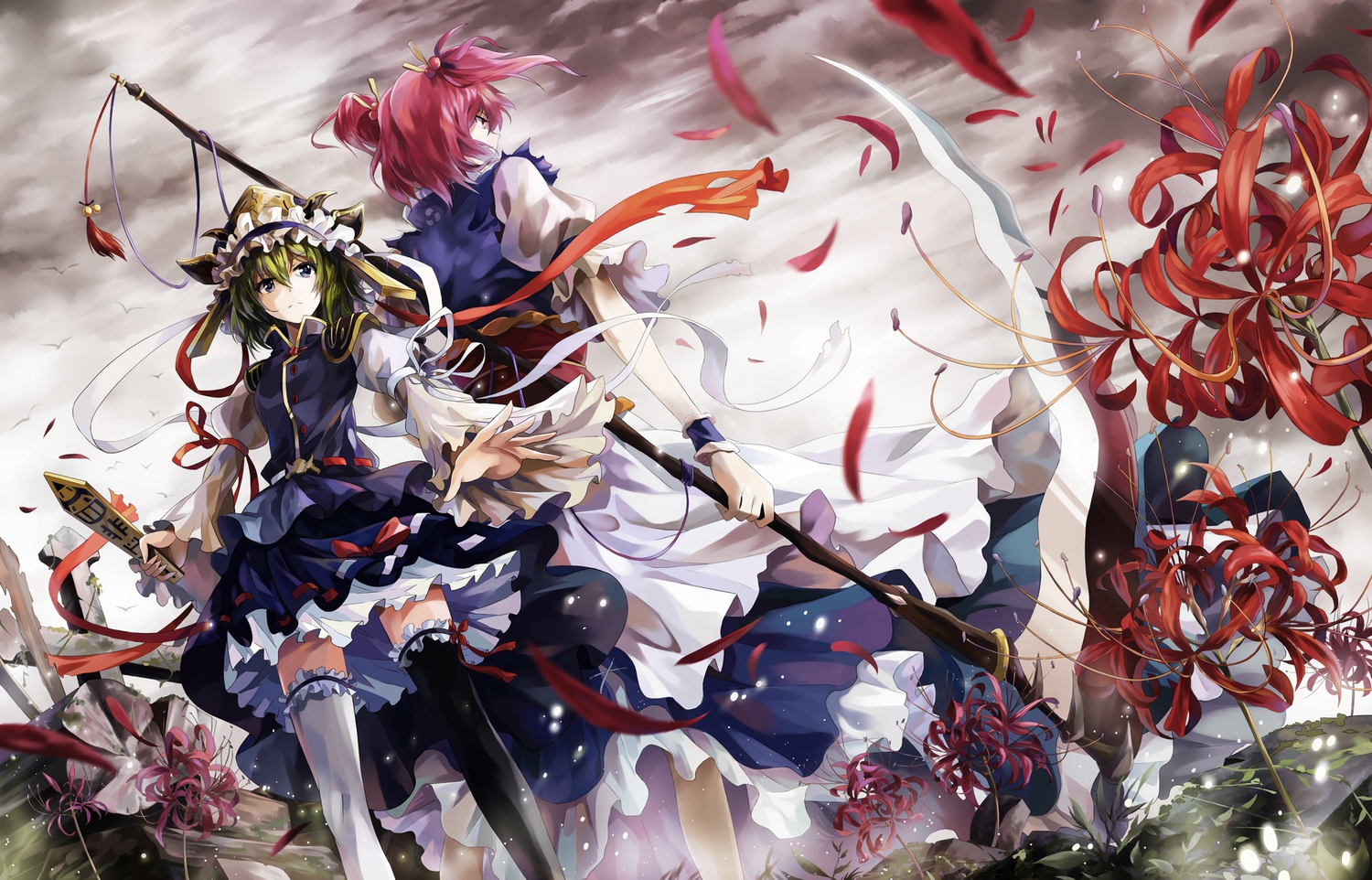 2girls, flowers, neko_(yanshoujie), onozuka_komachi, petals, shiki_eiki, thighhighs, touhou