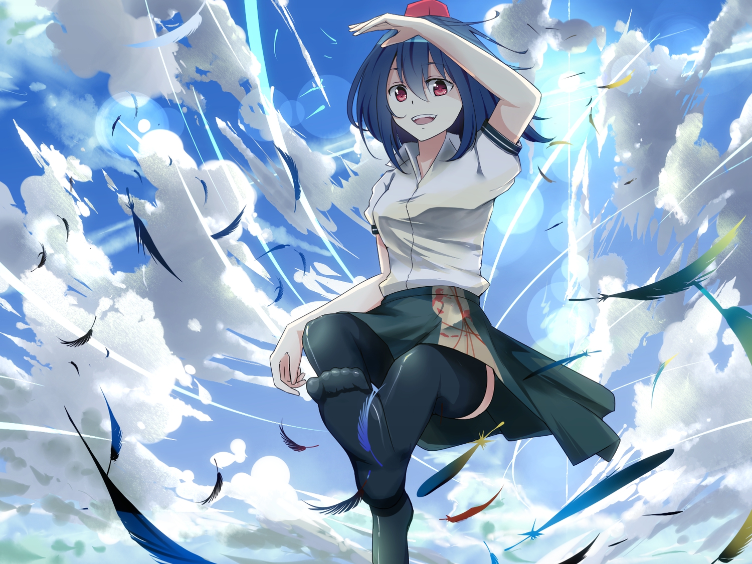clouds, dawndusk, feathers, shameimaru_aya, sky, thighhighs, touhou