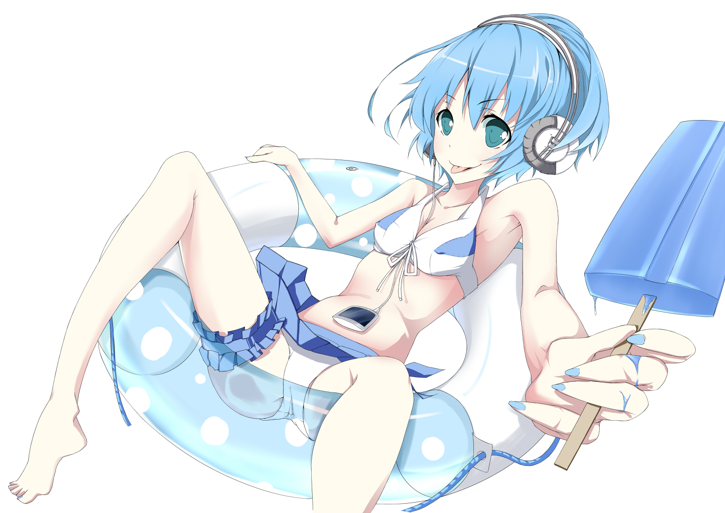 barefoot, bikini, blue_hair, food, headphones, ice_cream, natsuki_yuu, original
