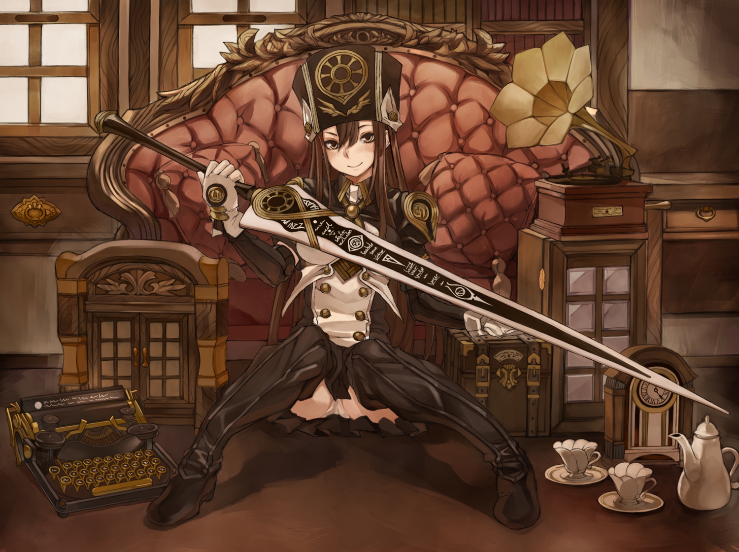 brown_hair, gloves, hat, original, panties, ricci, sword, underwear, weapon