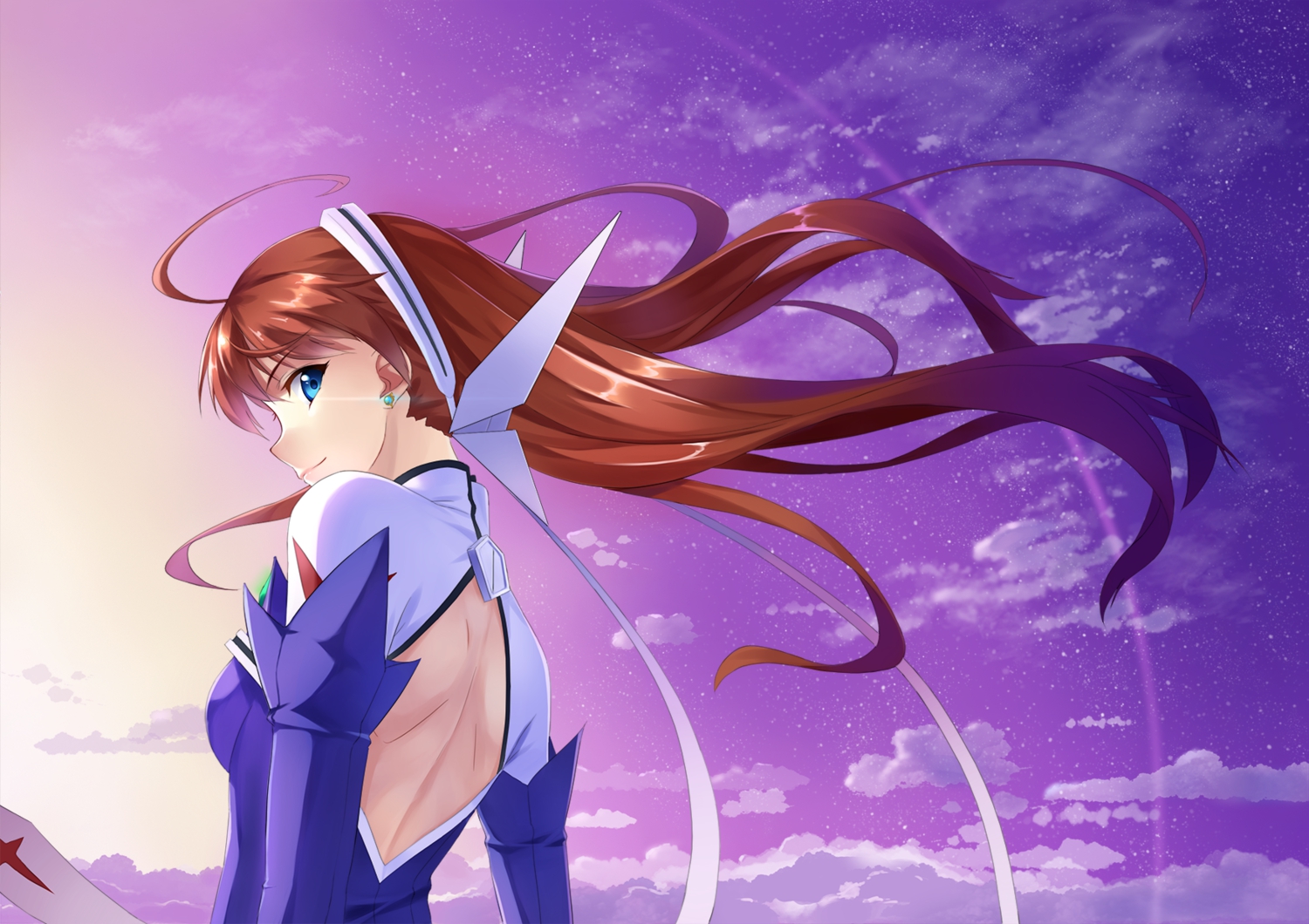 ame_no_uta, blue_eyes, brown_hair, clouds, long_hair, mai-otome, sky, stars