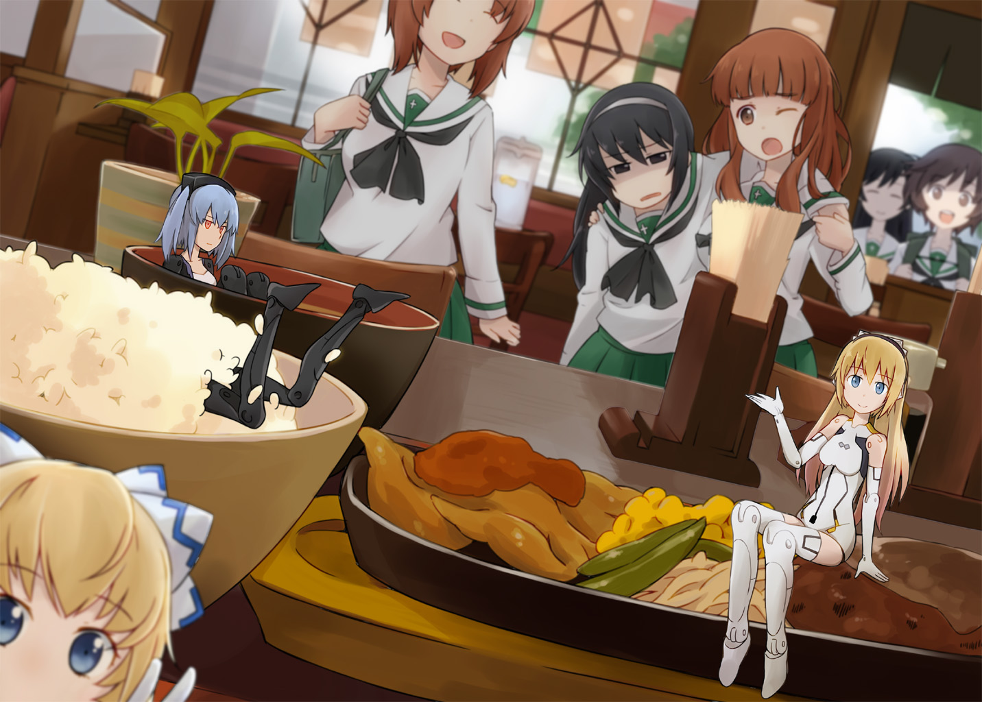 akiyama_yukari, altines, altrene, arnval, busou_shinki, crossover, food, girls_und_panzer, isuzu_hana, jpeg_artifacts, nishizumi_miho, reizei_mako, strarf, takebe_saori, tsumutsumu