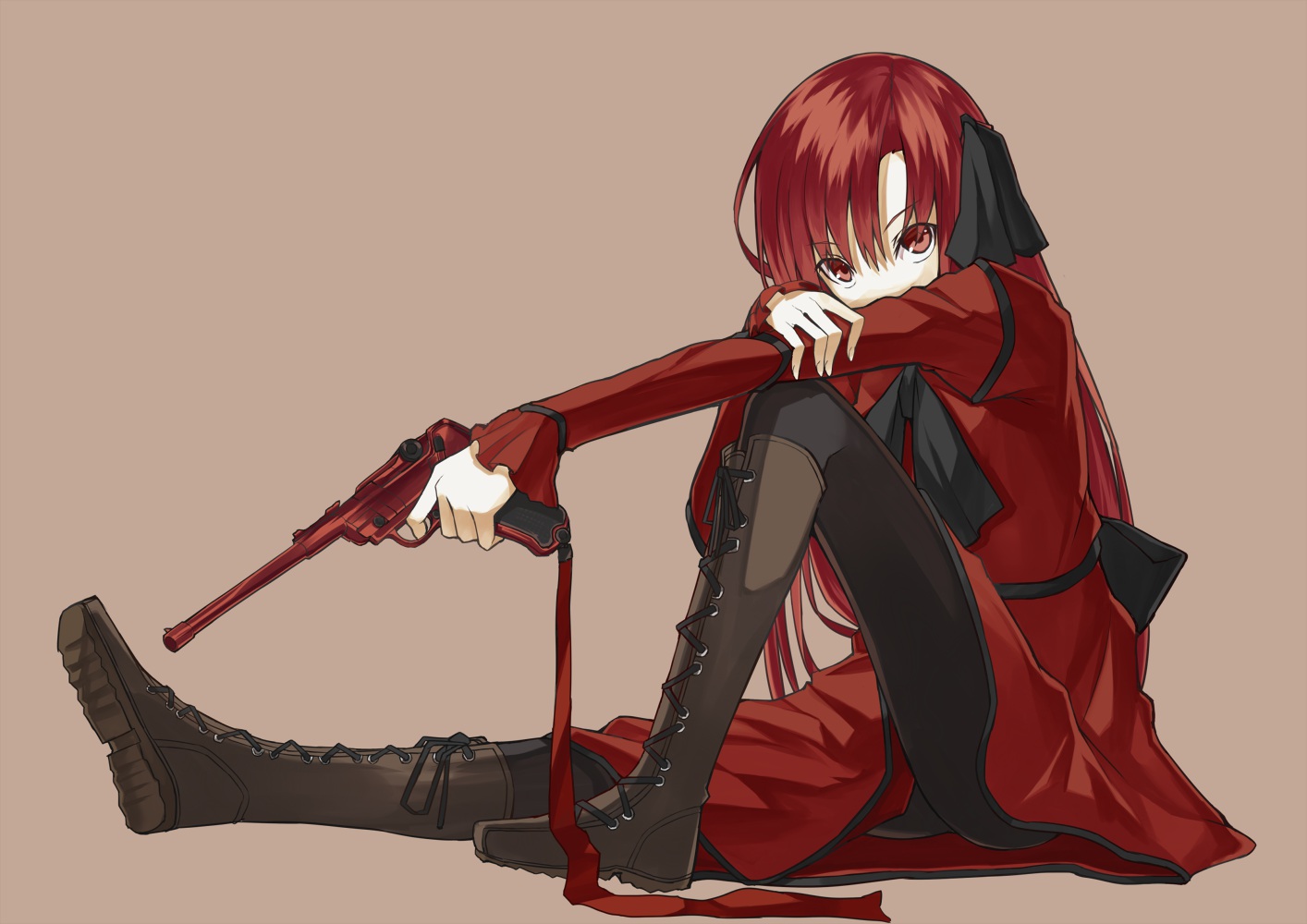 boots, gun, kauto, kushia_microphylla, long_hair, original, red_eyes, red_hair, weapon