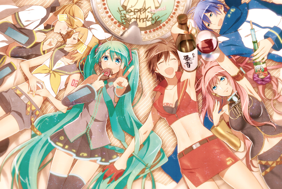 blonde_hair, blue_eyes, blue_hair, brown_hair, food, gloves, green_hair, group