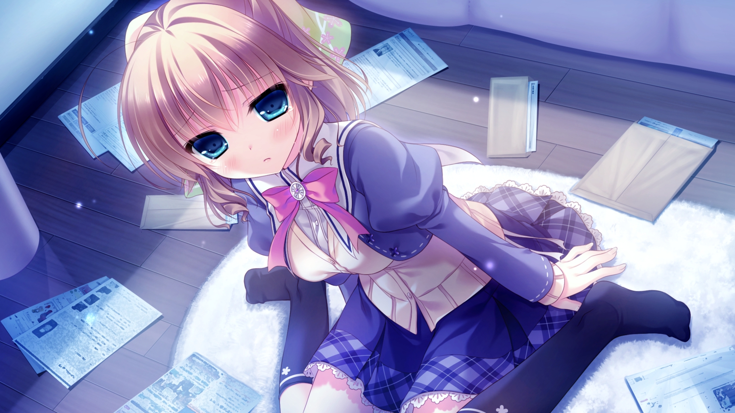 blue_eyes, blush, brown_hair, cabbit, crying, game_cg, kimi_e_okuru_sora_no_hana, kneehighs