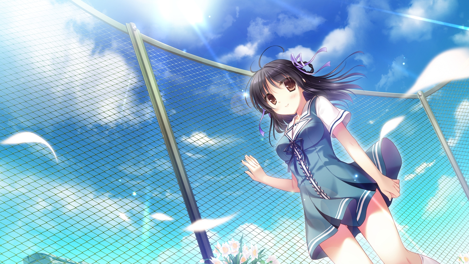 black_hair, brown_eyes, cabbit, clouds, flowers, game_cg, kimi_e_okuru_sora_no_hana, kitao_sekka