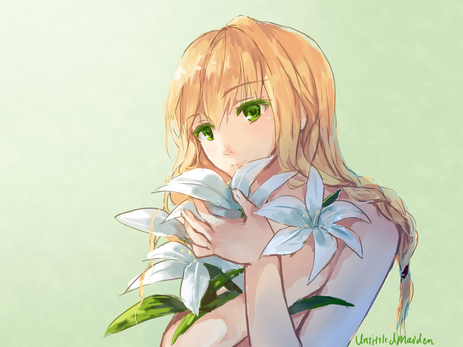 blonde_hair, fancybetty, flowers, green_eyes, majo_no_ie, topless, viola_(majo_no_ie)
