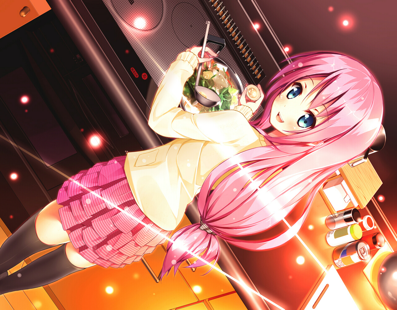 blue_eyes, blush, food, long_hair, original, pink_hair, raivu, skirt, thighhighs
