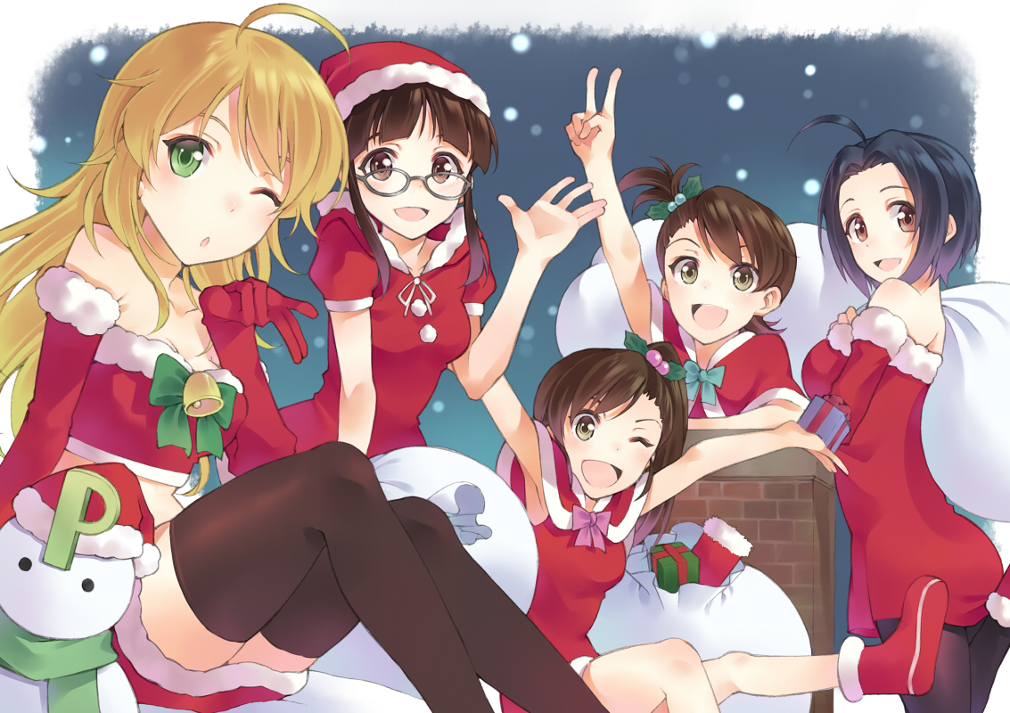 akizuki_ritsuko, black_hair, blonde_hair, blush, brown_eyes, brown_hair, christmas, futami_ami, futami_mami, glasses, gloves, green_eyes, group, hat, hoshii_miki, idolmaster, long_hair, miura_azusa, short_hair, thighhighs, t-okada, twins