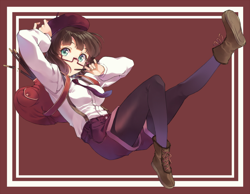 brown_hair, glasses, green_eyes, hat, original, pantyhose, shorts, t-okada