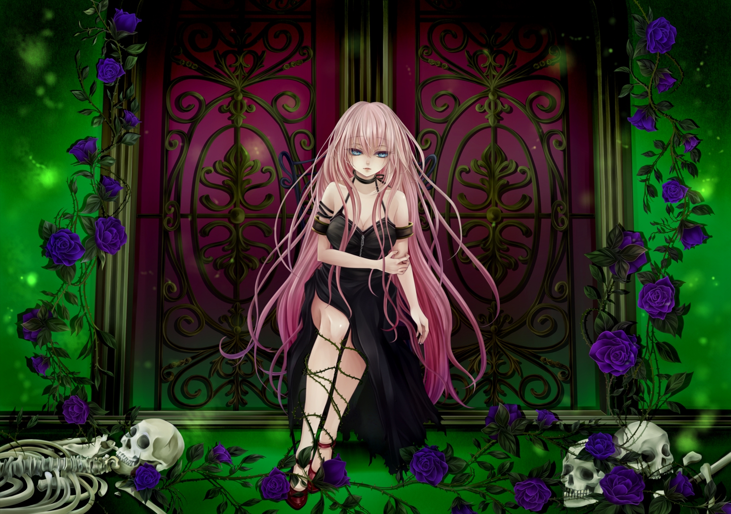 blacksio, flowers, megurine_luka, rose, skull, vocaloid