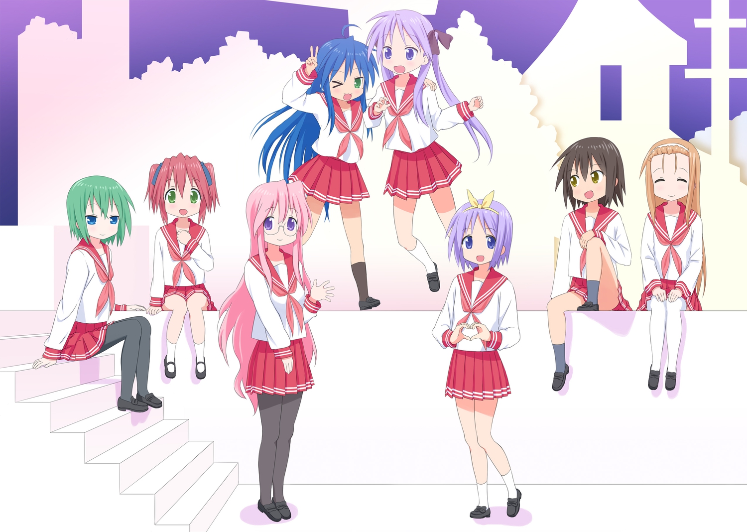 blue_eyes, blue_hair, brown_hair, green_eyes, green_hair, hiiragi_kagami, hiiragi_tsukasa, iwasaki_minami