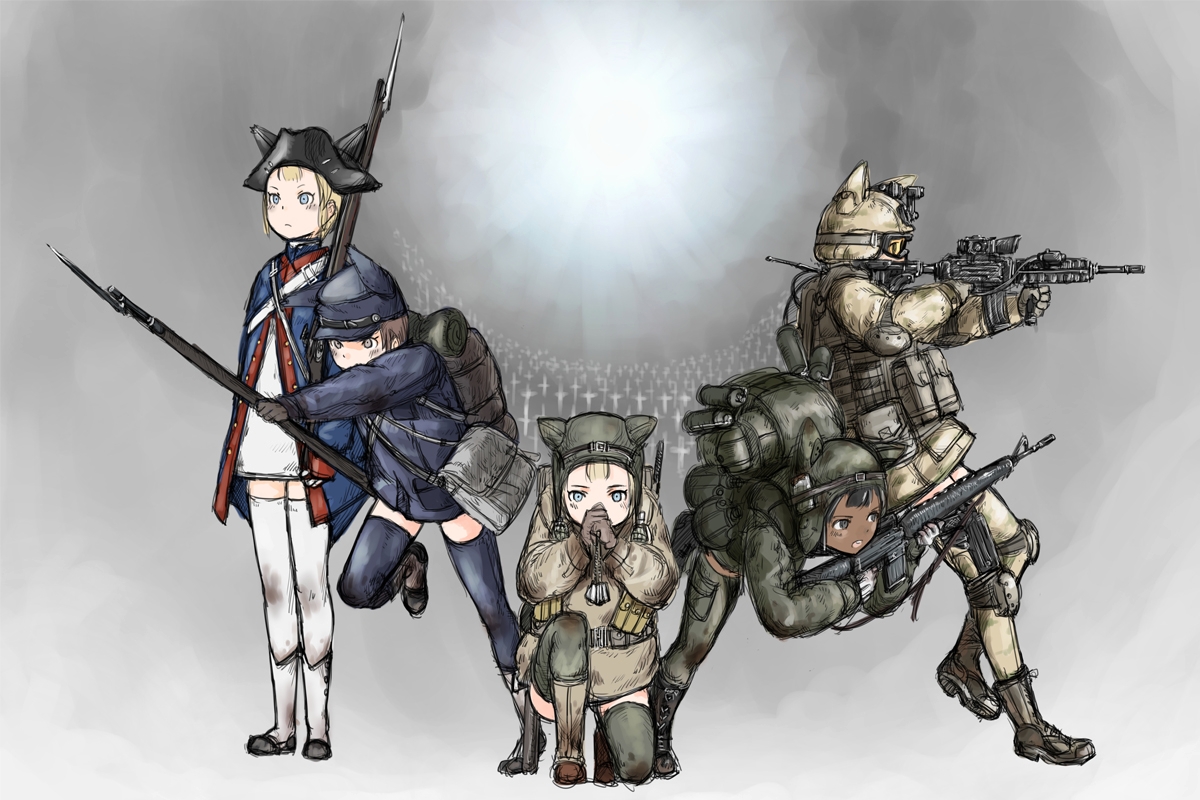 animal_ears, coh, group, gun, hat, original, thighhighs, weapon