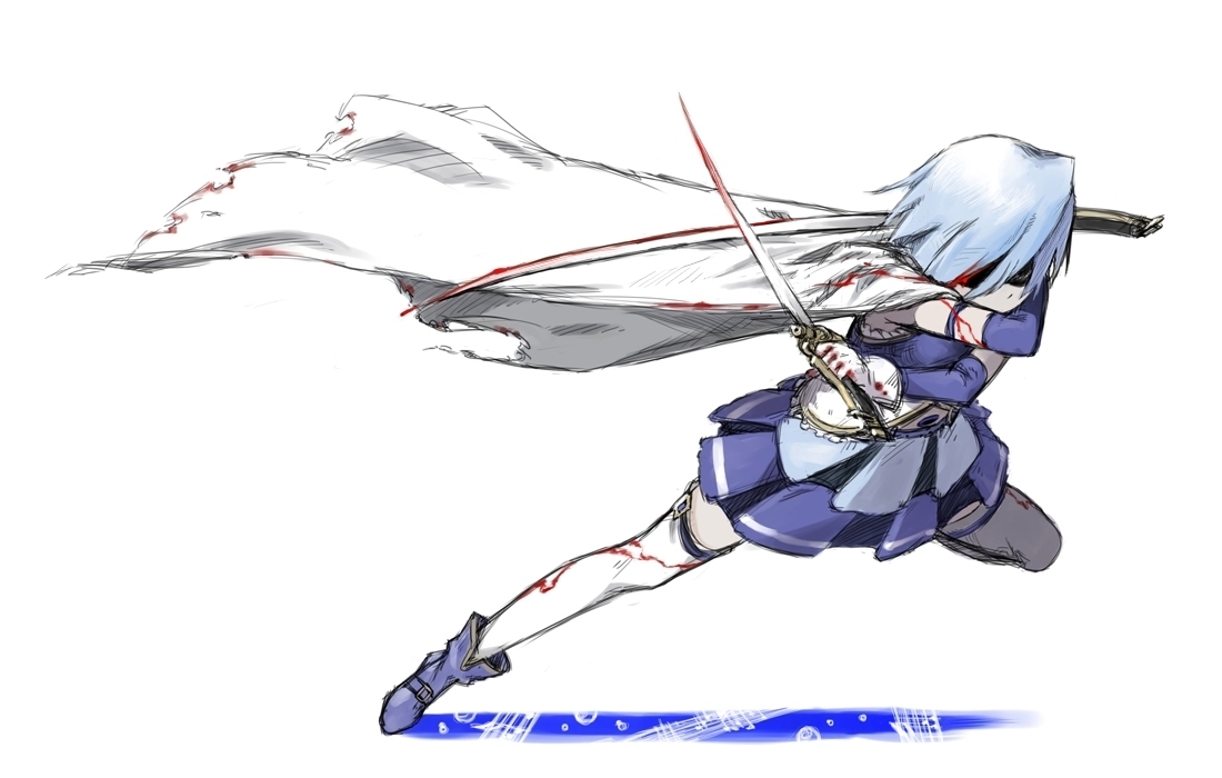 blood, blue_hair, cape, coh, gloves, mahou_shoujo_madoka_magica, miki_sayaka, sword, thighhighs, weapon, zettai_ryouiki