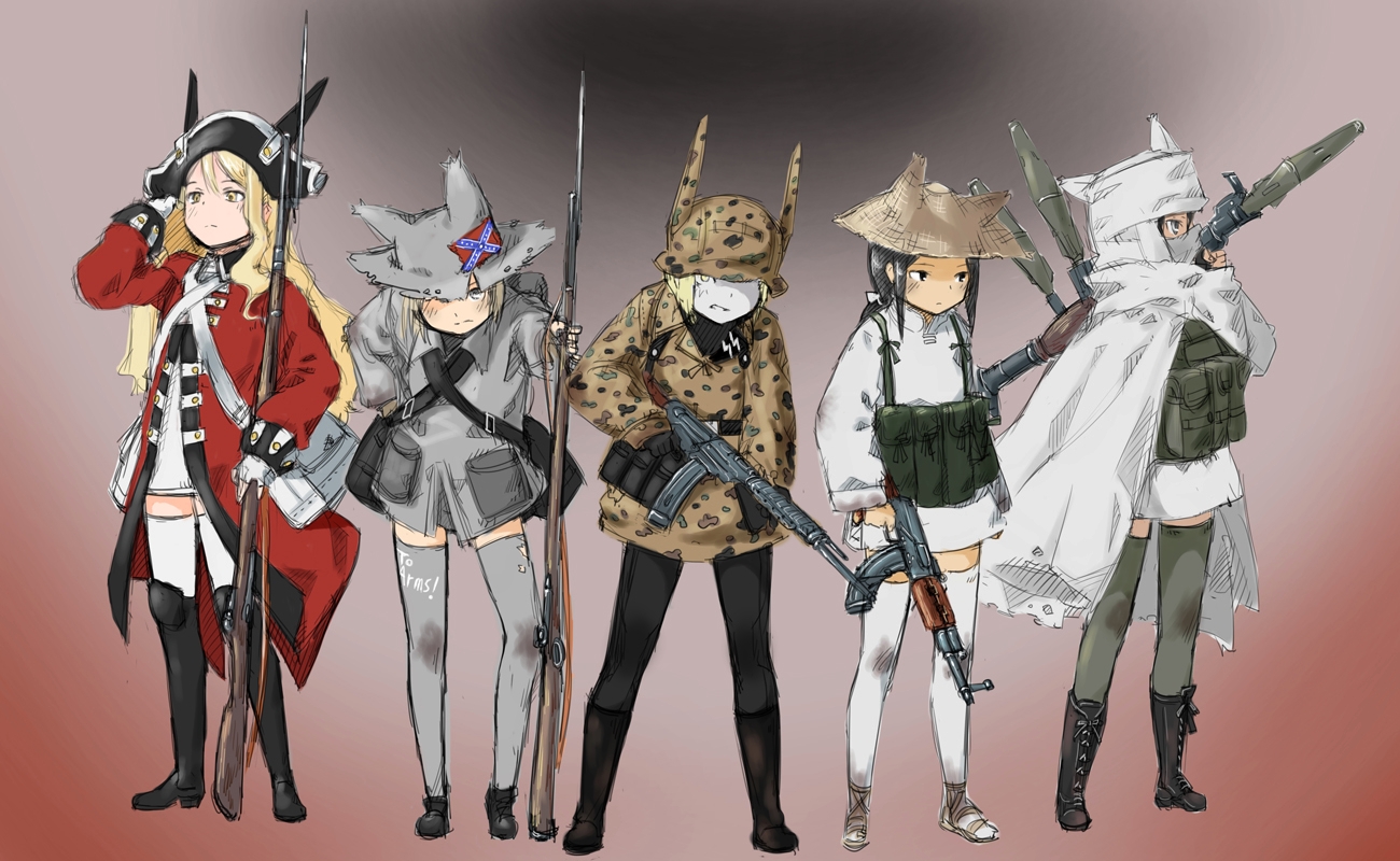 animal_ears, coh, group, gun, hat, pantyhose, thighhighs, uniform