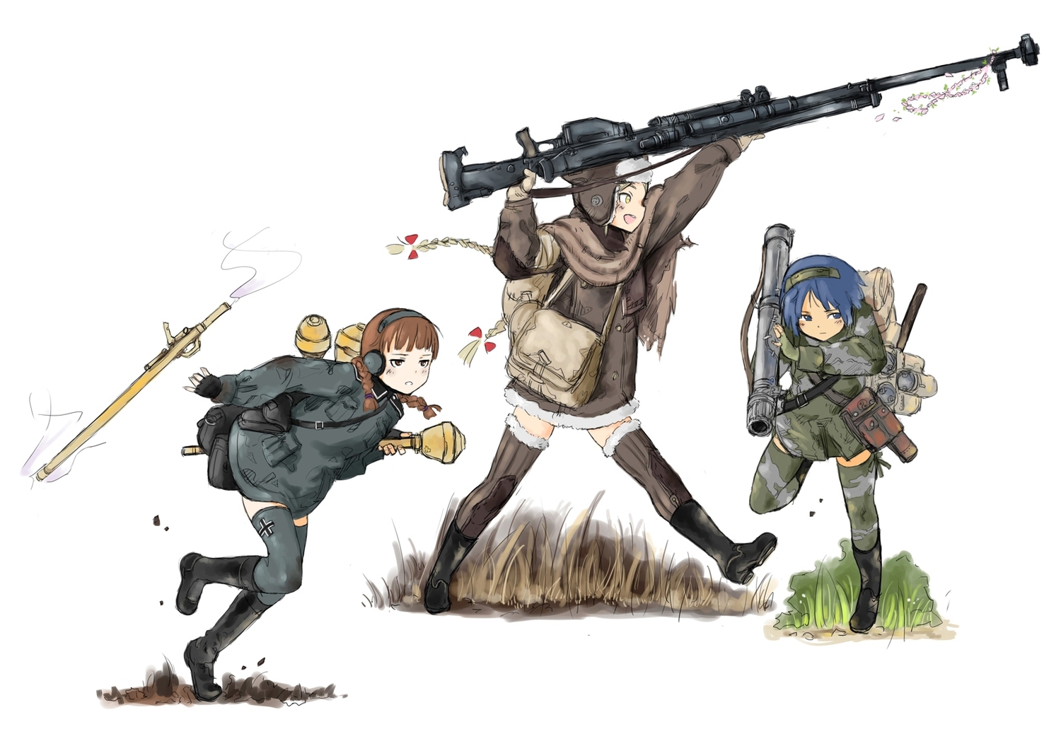 braids, coh, gun, hat, original, short_hair, thighhighs, weapon