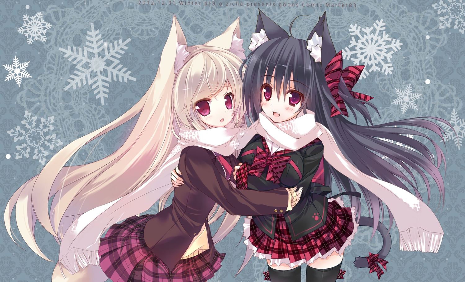 2girls, animal_ears, black_hair, blonde_hair, catgirl, fang, long_hair, ojitcha, original, scarf, school_uniform, tail, thighhighs, watermark