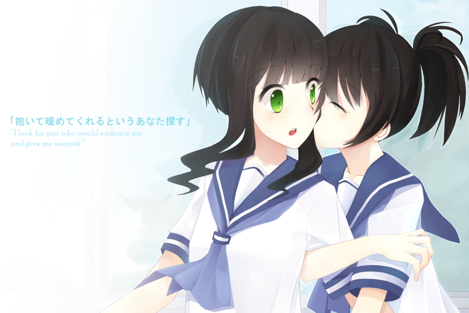 2girls, black_rock_shooter, hinagi_(fox_priest), kiss, kuroi_mato, school_uniform, shoujo_ai, takanashi_yomi