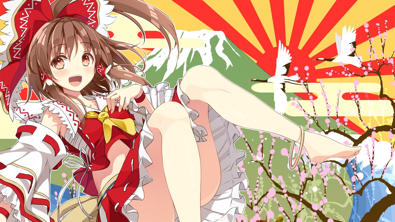 akeboshi_kagayo, barefoot, brown_hair, hakurei_reimu, japanese_clothes, miko, touhou