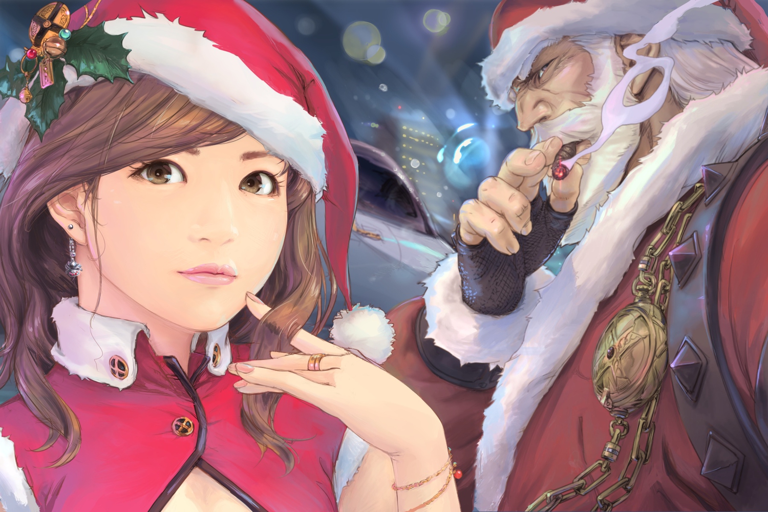 brown_hair, carina_(xiaowoo), christmas, cigarette, hat, original, santa_claus, santa_hat