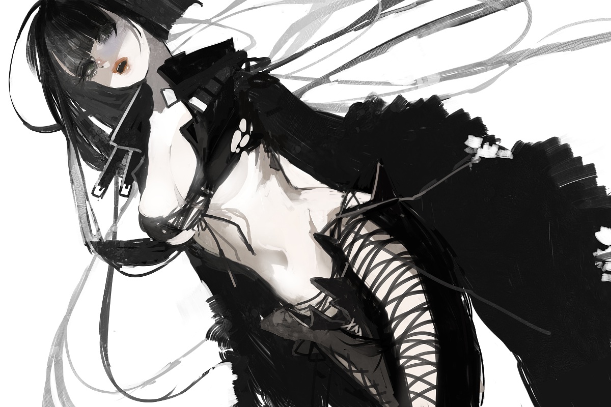 black_hair, breasts, cleavage, hebi, original, polychromatic, tagme, white