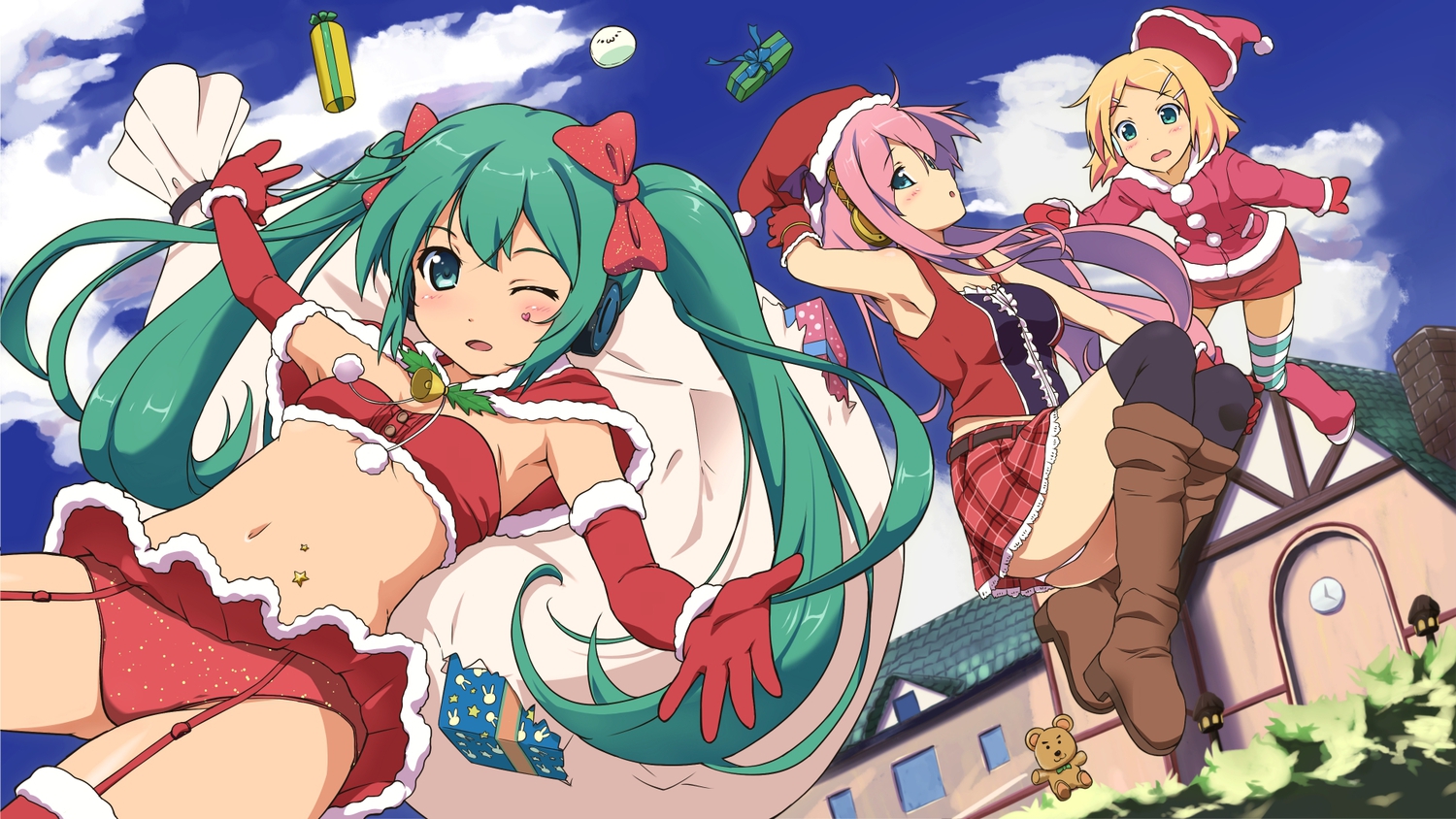 christmas, garter, hatsune_miku, kagamine_rin, kotobamaru, megurine_luka, skirt, underwear