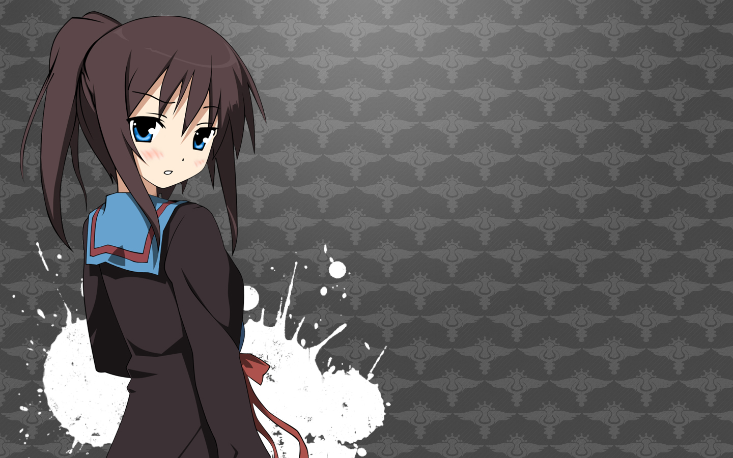 blue_eyes, blush, brown_hair, kyonko, ponytail, school_uniform, suzumiya_haruhi_no_yuutsu