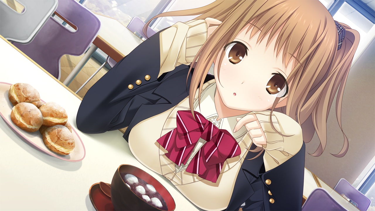 breasts, brown_eyes, brown_hair, food, game_cg, giga, kiss_bell, marui