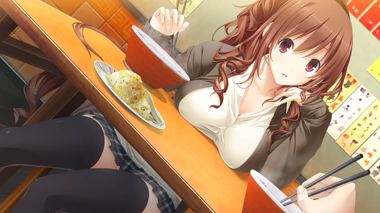 breasts, brown_eyes, brown_hair, food, game_cg, giga, kajiya_ayano, kiss_bell, long_hair, mikoto_akemi, thighhighs