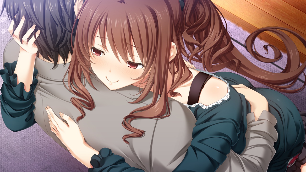 blush, brown_hair, game_cg, giga, hug, kajiya_ayano, kiss_bell, long_hair
