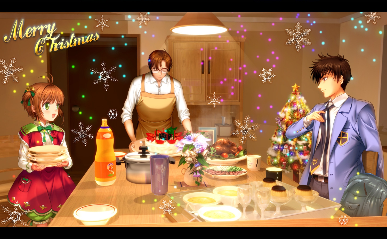 black_eyes, black_hair, brown_hair, card_captor_sakura, christmas, flowers, food, glasses, green_eyes, kinomoto_fujitaka, kinomoto_sakura, kinomoto_touya, moonknives, ribbons, school_uniform, short_hair