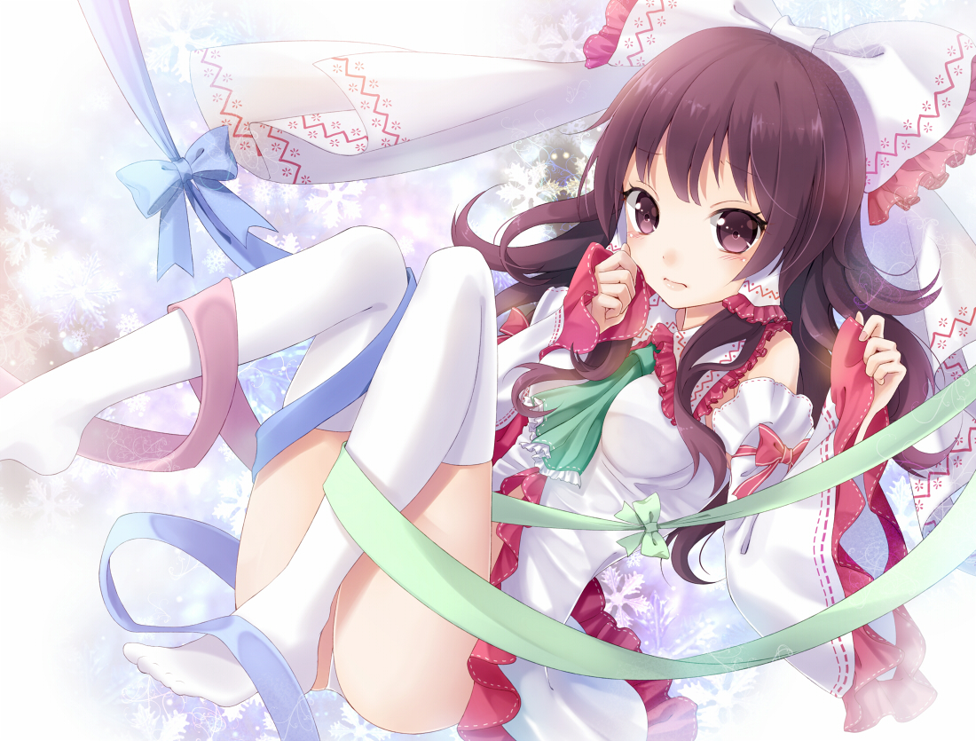 bow, brown_eyes, brown_hair, dress, hakurei_reimu, japanese_clothes, lolita_fashion, long_hair, nunucco, ribbons, stockings, touhou