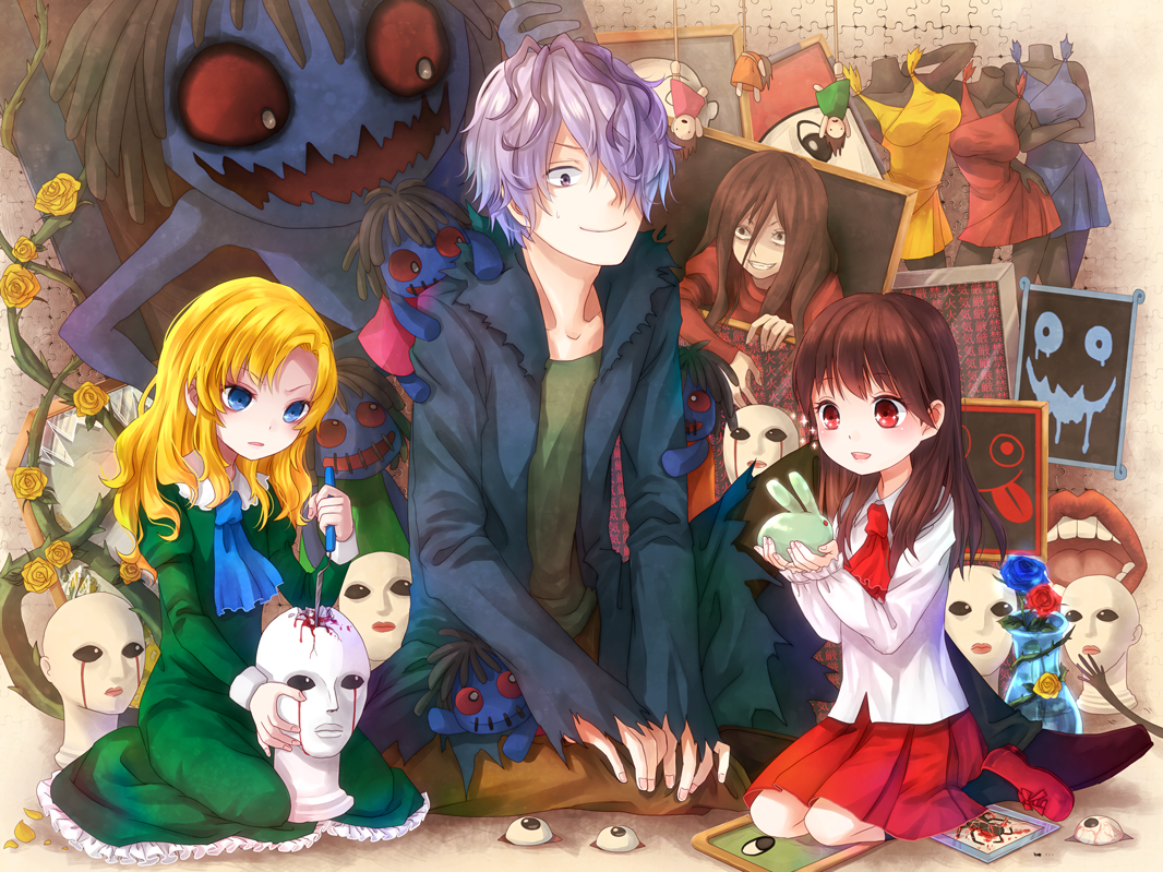 blonde_hair, blood, blue_eyes, brown_hair, doll, dress, flowers, gary_(ib)