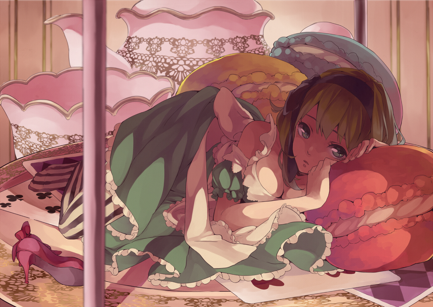 buuta, dress, green_eyes, green_hair, gumi, pantyhose, ribbons, short_hair