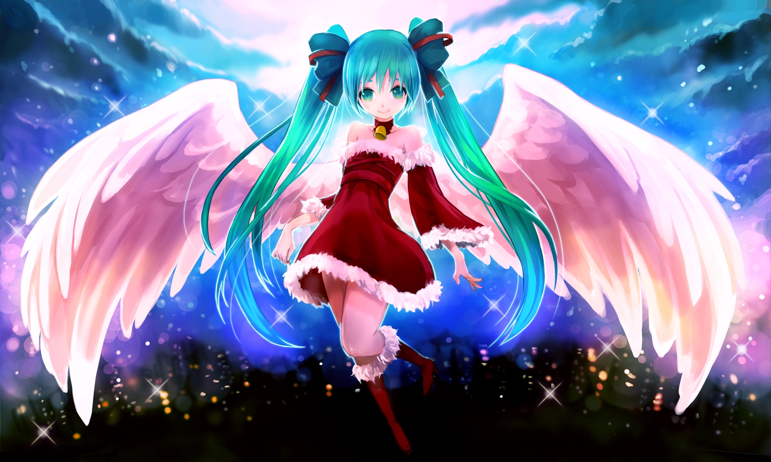 arie9, bow, christmas, clouds, dress, green_eyes, hatsune_miku, long_hair, moon, night, twintails, vocaloid, wings